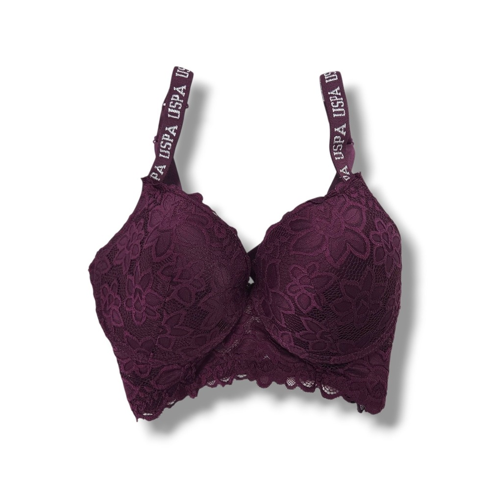 U.S. Polo Assn Floral Lace Padded Underwire Longline Bra Logo Strap Burgundy 36D